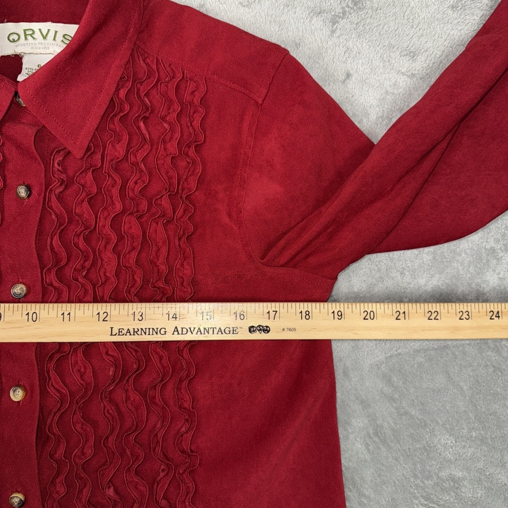 Orvis Tuxedo Ruffle Blouse Sz 6 Sueded Polyester Button Up Rodeo Red - Picture 9 of 10